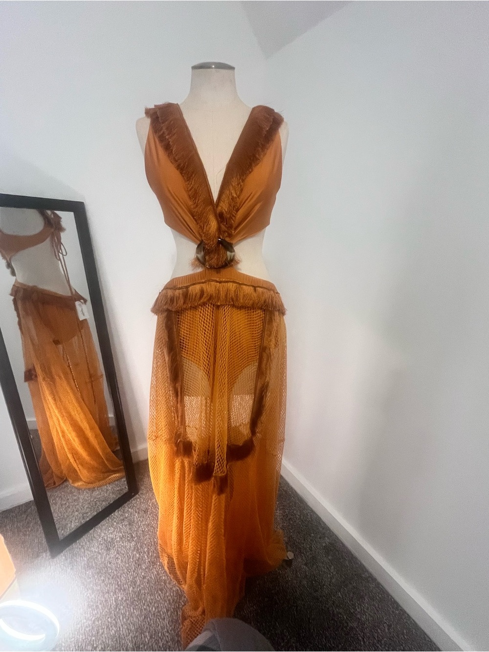 12th Tribe Fringe-Trimmed Mesh Maxi Dress in Rust Orange
